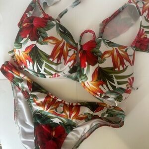 Floral Bikini Set with Red and Green Leaves